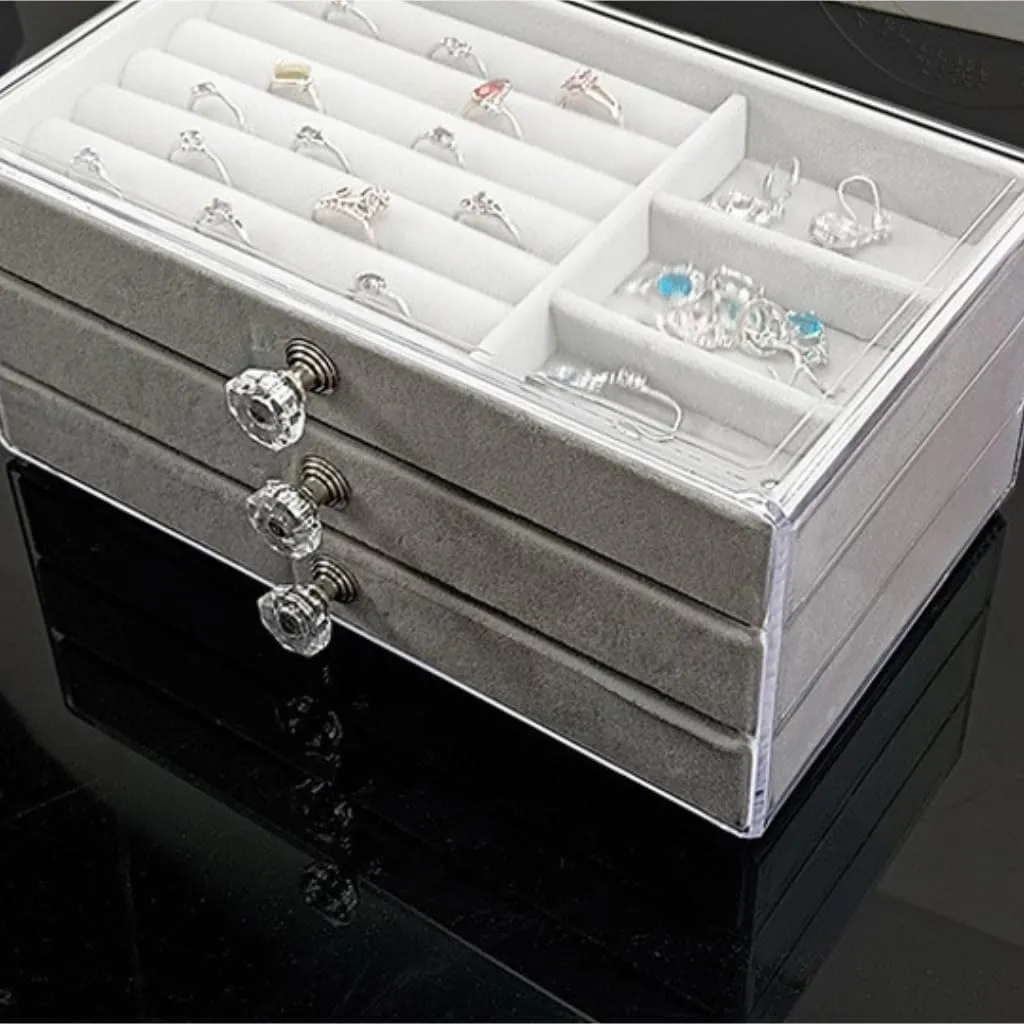 Earring Ring Necklace Watch Velvet Box Jewelry Storage Box jewlery box(Gray) Jewelry Box invert edifice pamphlet chitin New Convenient Three-layer Three-drawer Jewelry Box 