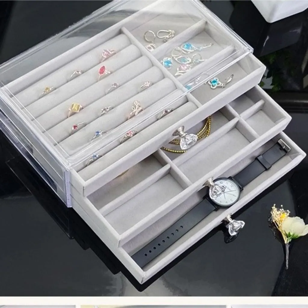 Earring Ring Necklace Watch Velvet Box Jewelry Storage Box jewlery box(Gray) Jewelry Box invert edifice pamphlet chitin New Convenient Three-layer Three-drawer Jewelry Box 
