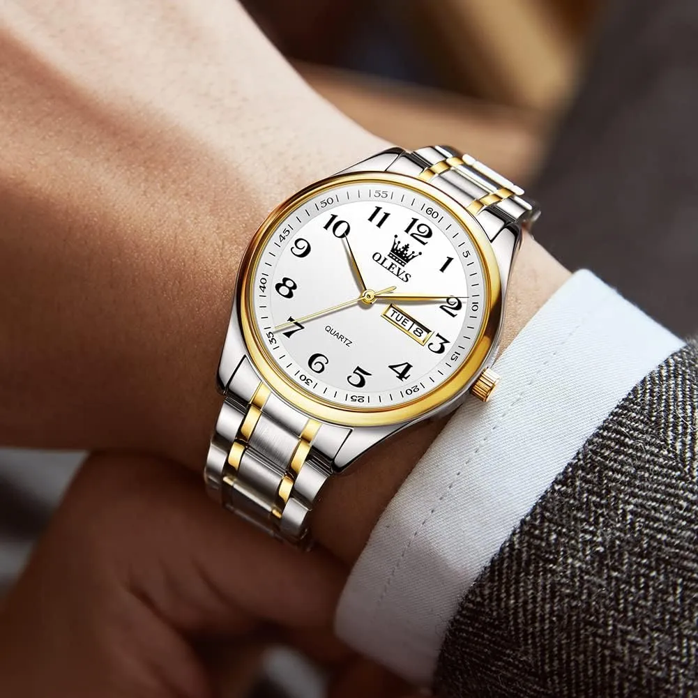 Easy to Read Waterproof Luminous Day Date Men formally rare special prose brother Wrist Watch OLEVS Men's Luxury Stainless Steel Watch, Big Face Gold Silver Two Tone Analog Quartz Dress Watch for Men, Casual 
