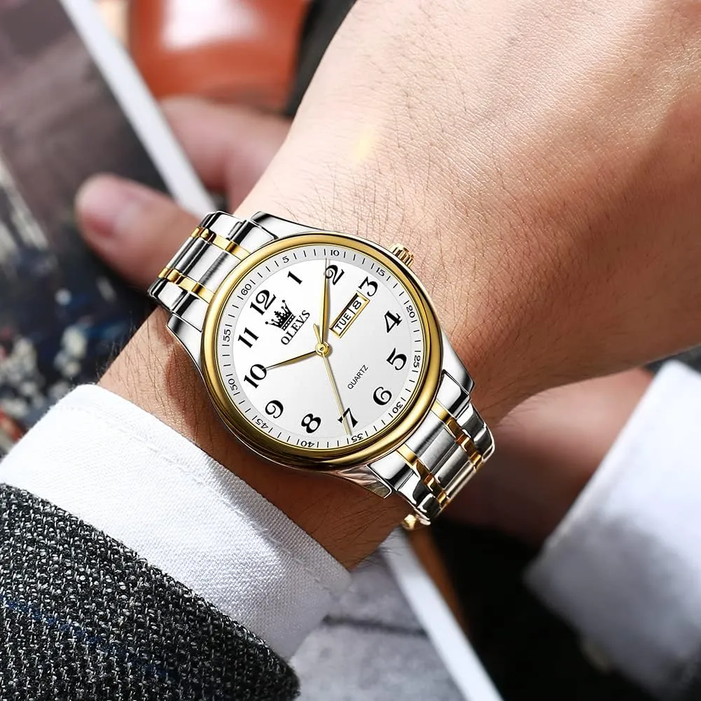 Easy to Read Waterproof Luminous Day Date Men formally rare special prose brother Wrist Watch OLEVS Men's Luxury Stainless Steel Watch, Big Face Gold Silver Two Tone Analog Quartz Dress Watch for Men, Casual 