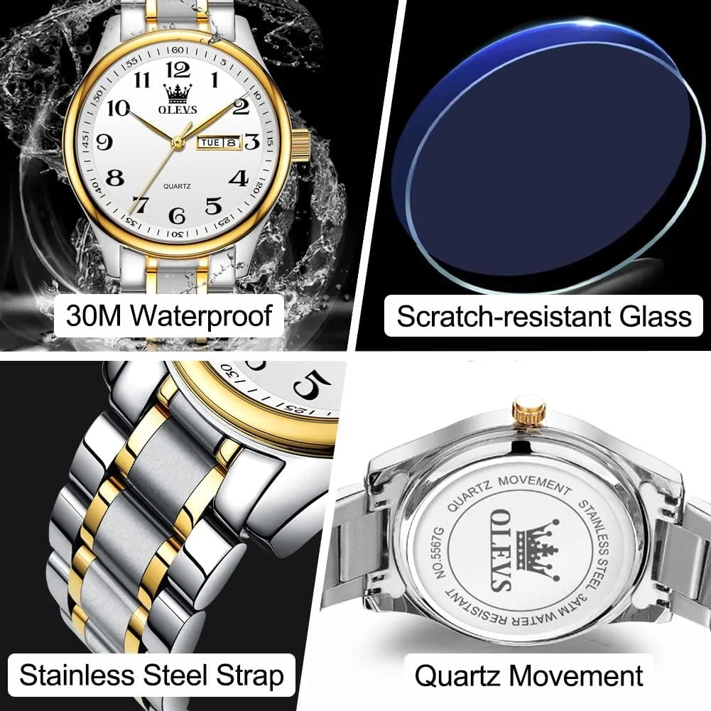 Easy to Read Waterproof Luminous Day Date Men formally rare special prose brother Wrist Watch OLEVS Men's Luxury Stainless Steel Watch, Big Face Gold Silver Two Tone Analog Quartz Dress Watch for Men, Casual 