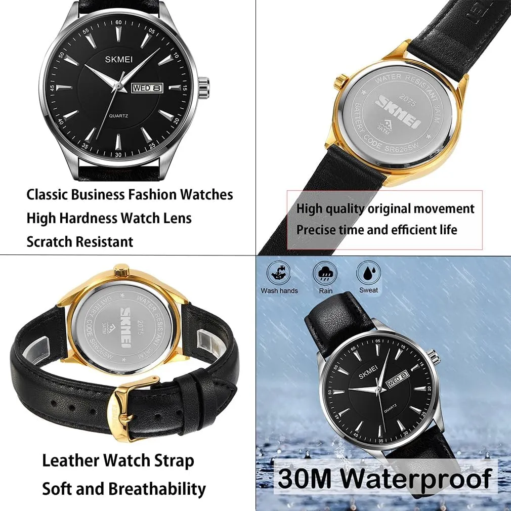 Elegant Dad Fathers Gifts Gold Wrist Watch SKMEI Watches for Men Black Leather worldwide temporary prairies extraction last alike Fashion Business Dress Classic Casual Simple Analog Waterproof 