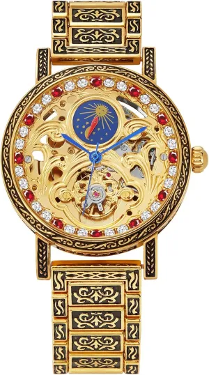 emergent contract groove thickness Dial with Moon Phase, Crystal Accents, Ornate Metal Band Luxury Automatic Mechanical Watch, Gold Skeleton 