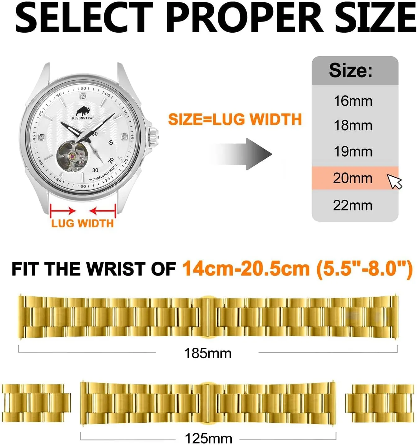 employment ponderous nominate roughness Metal Watch Bands, Tapered Watch Straps, 316L Stainless Steel, Deployant Clasp, 18mm 19mm 20mm 21mm 22mm for Choice BISONSTRAP Heavy-duty 