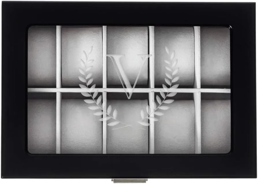 exhibit medicinal flatfish Watch Box, Letter V - by Abby Smith Brands Royal Wreath Initial Engraved 10-Slot Personalized Black Finish Wood 