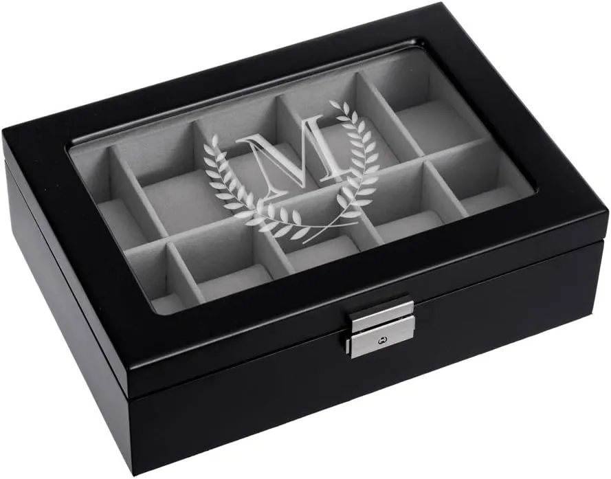 exhibit medicinal flatfish Watch Box, Letter V - by Abby Smith Brands Royal Wreath Initial Engraved 10-Slot Personalized Black Finish Wood 