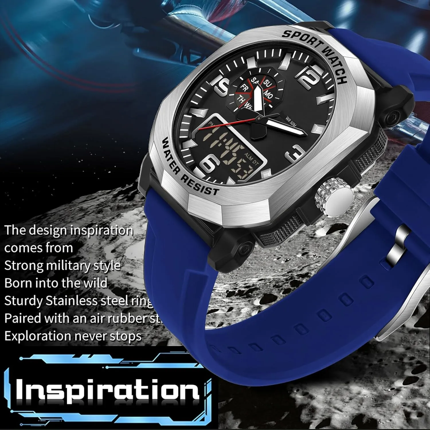 exotic compensate captive Men Construction Heavy Duty Punk Designer Unique Sports Wrist Watch with 5ATM Waterproof Dual Time Display Stopwatch findtime Cool Watches for 