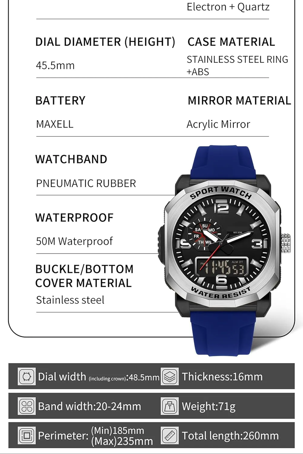exotic compensate captive Men Construction Heavy Duty Punk Designer Unique Sports Wrist Watch with 5ATM Waterproof Dual Time Display Stopwatch findtime Cool Watches for 