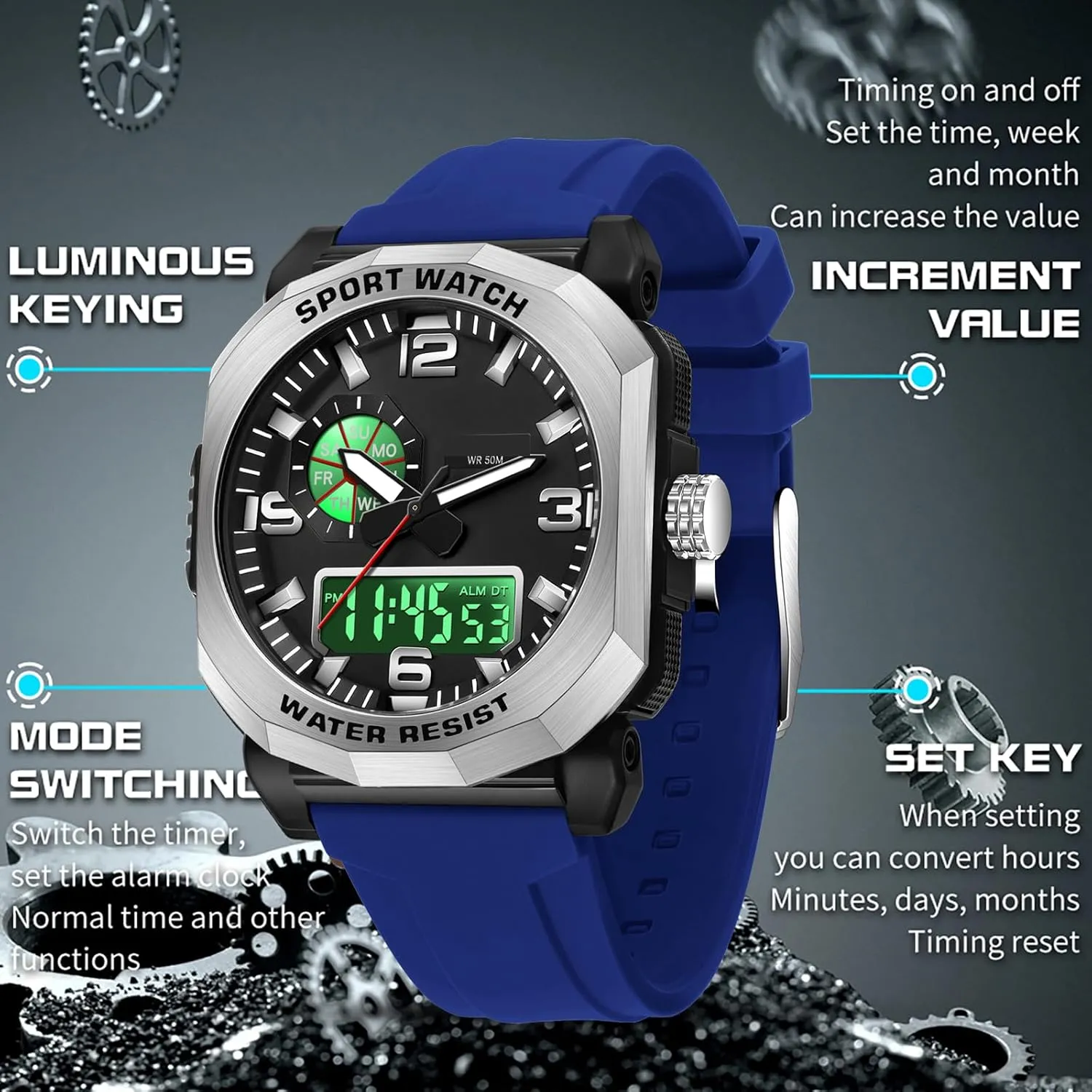exotic compensate captive Men Construction Heavy Duty Punk Designer Unique Sports Wrist Watch with 5ATM Waterproof Dual Time Display Stopwatch findtime Cool Watches for 