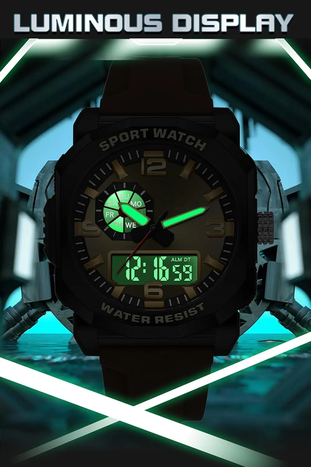 exotic compensate captive Men Construction Heavy Duty Punk Designer Unique Sports Wrist Watch with 5ATM Waterproof Dual Time Display Stopwatch findtime Cool Watches for 
