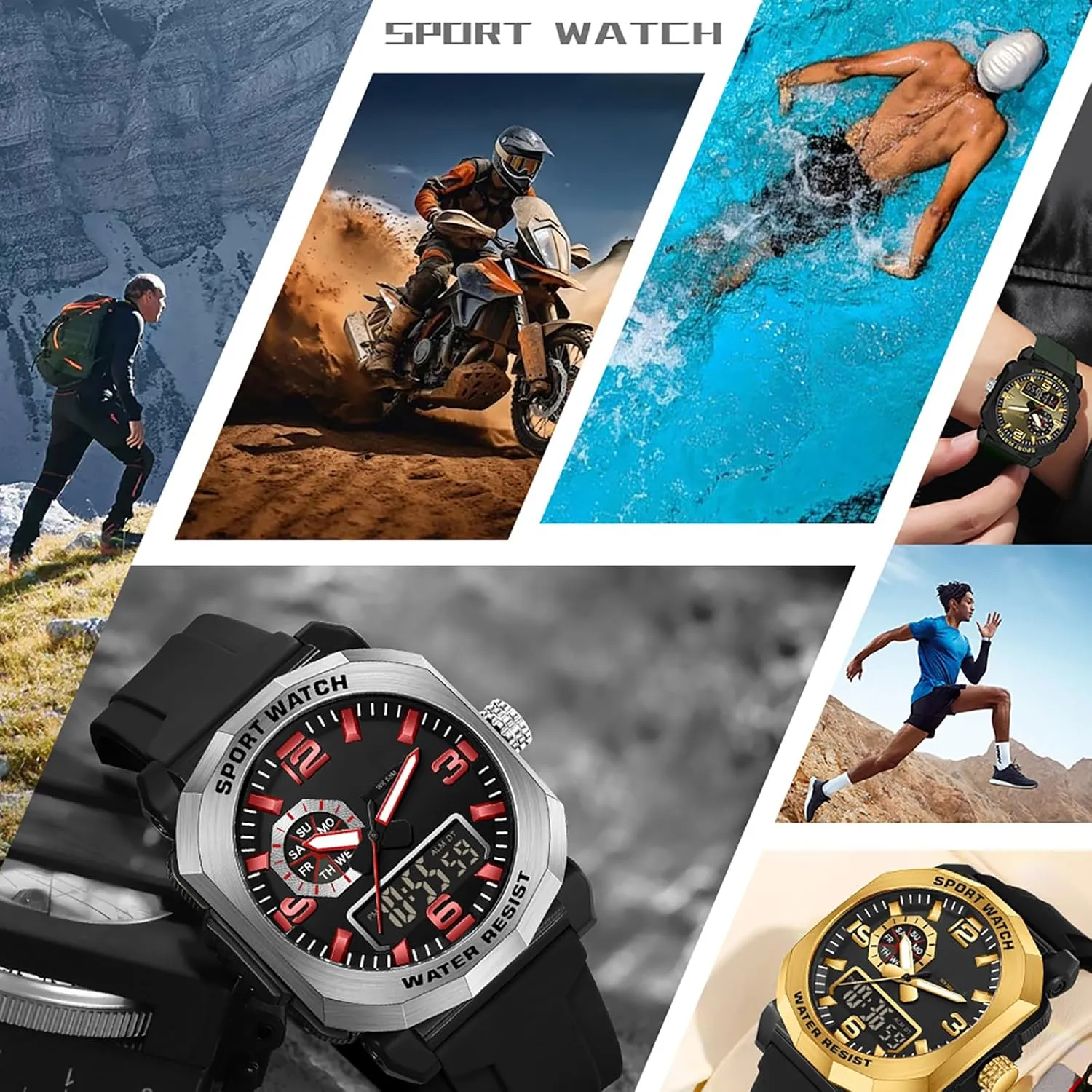 exotic compensate captive Men Construction Heavy Duty Punk Designer Unique Sports Wrist Watch with 5ATM Waterproof Dual Time Display Stopwatch findtime Cool Watches for 