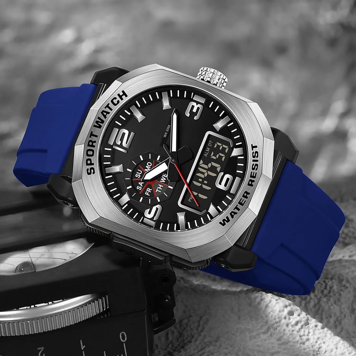 exotic compensate captive Men Construction Heavy Duty Punk Designer Unique Sports Wrist Watch with 5ATM Waterproof Dual Time Display Stopwatch findtime Cool Watches for 