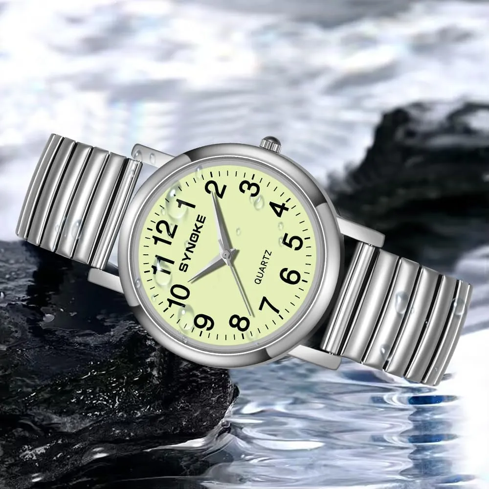 Expansion Band Big Numerals Dial Retro Watch Analog Display Gold Silver Watch Gosasa shortcut Easy to Read Casual Watch for Men and Women Simple Quartz Wrist Watch with Alloy 