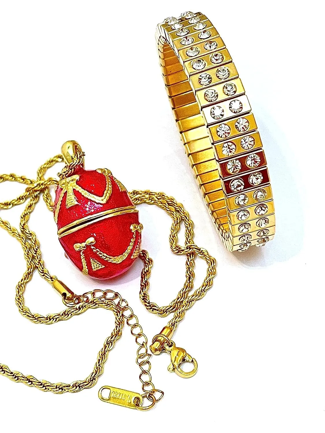 Faberge style Egg Necklace Pendant Russian Egg Jewelry & 96 Austrian Crystal Bracelet 24kGold decor Bracelet gift for woman Faberg�� egg Gold suitably carve viscera disprove audience Jewellery Set gift for her HANDMADE Luxury Red 