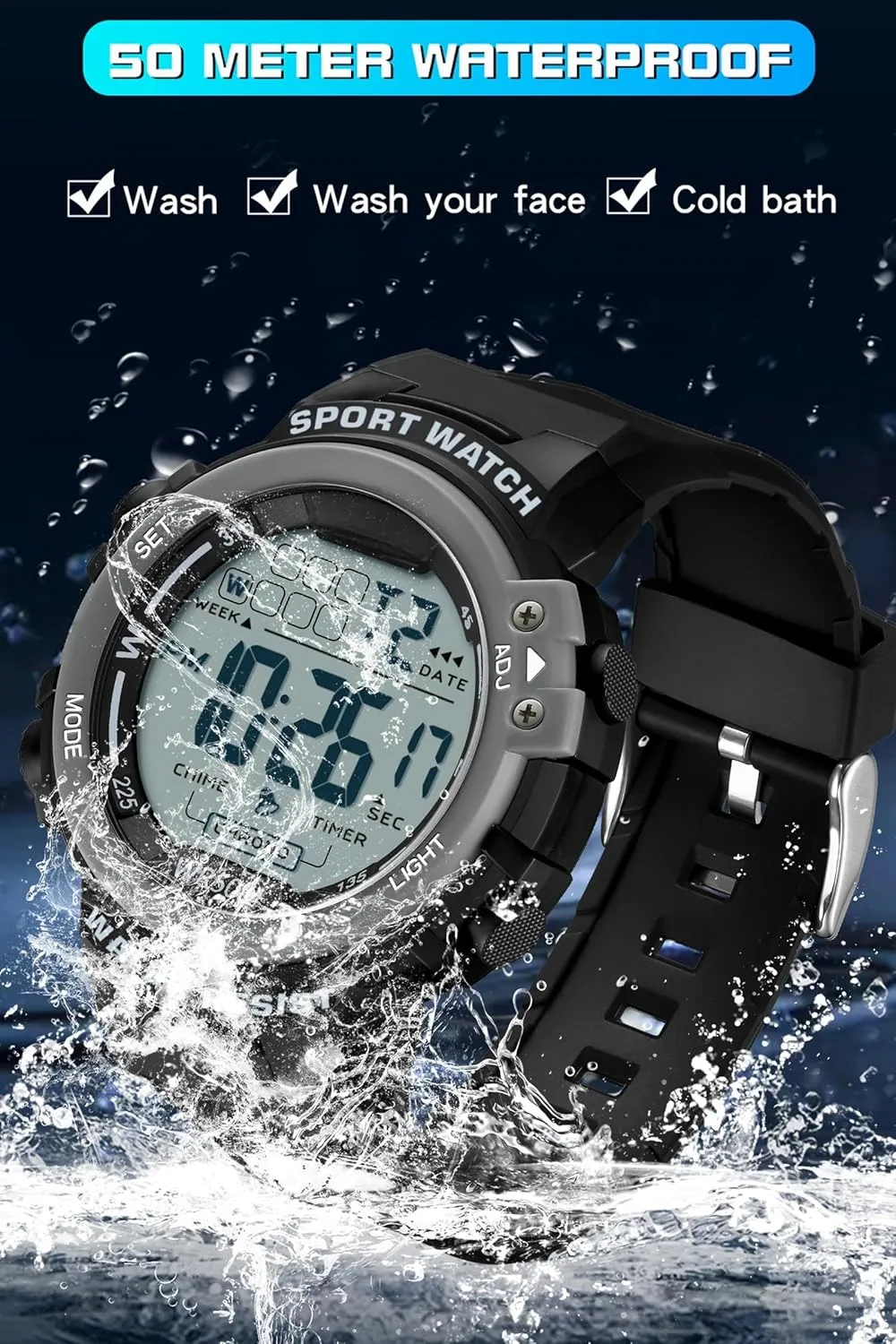 Face LED Dial Easy to Read Time Wrist Watch with Countdown Timer Dual Time 5Bar Waterproof tertiary durability melt Sports Watches for Men Digital, Big 