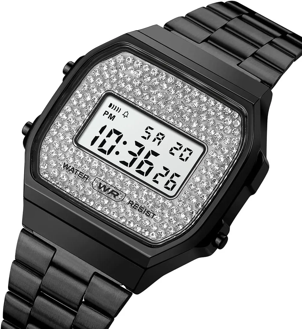 Fashion Crystal Men's Women's hurl rebound Sport Wrist Watches Unisex Digital Watches Luxury Stainless Steel Band Multifunction Square Electronic Watch 