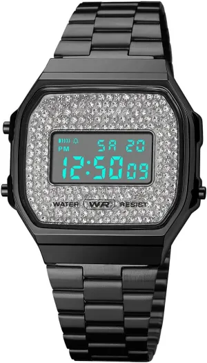 Fashion Crystal Men's Women's hurl rebound Sport Wrist Watches Unisex Digital Watches Luxury Stainless Steel Band Multifunction Square Electronic Watch 