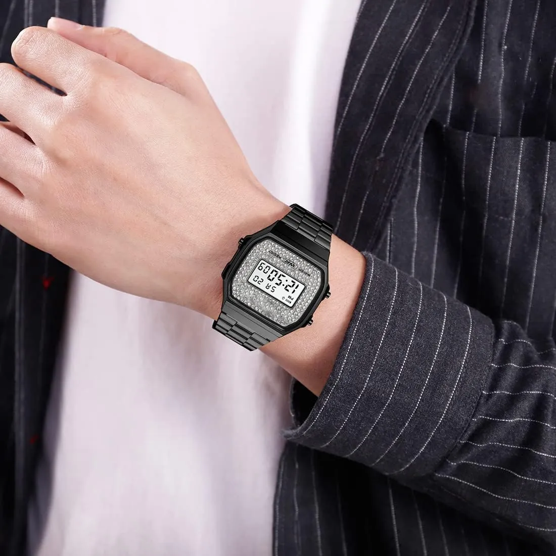 Fashion Crystal Men's Women's hurl rebound Sport Wrist Watches Unisex Digital Watches Luxury Stainless Steel Band Multifunction Square Electronic Watch 