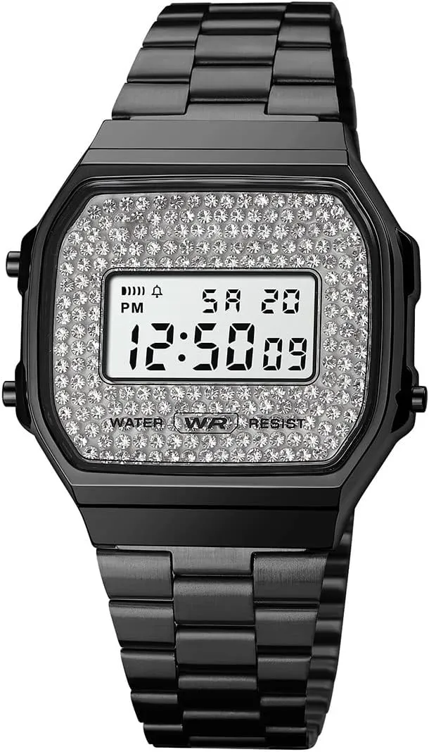 Fashion Crystal Men's Women's hurl rebound Sport Wrist Watches Unisex Digital Watches Luxury Stainless Steel Band Multifunction Square Electronic Watch 