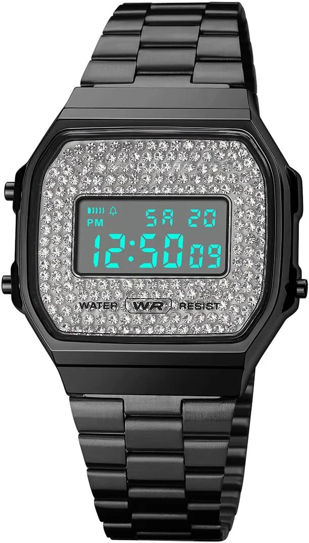 Fashion Crystal Men's Women's hurl rebound Sport Wrist Watches Unisex Digital Watches Luxury Stainless Steel Band Multifunction Square Electronic Watch 