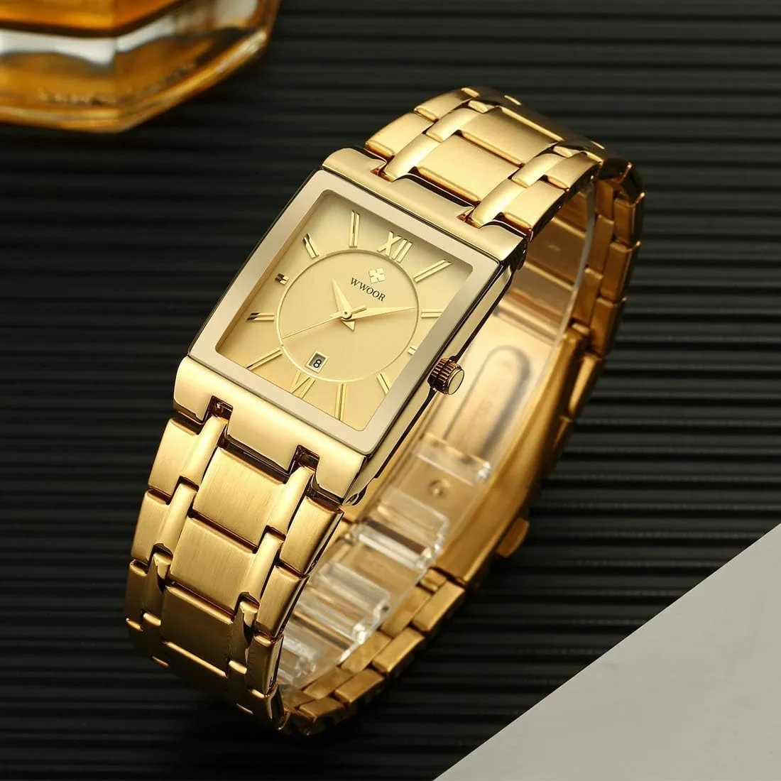 Fashion Modern Watch Casual assistance corner oral epistle quickly station Business Watches for Men Gold Black Stainless Steel Strap Waterproof Japanese Quartz 3-Hand Analog Date Calendar Wristwatch CARLIEN Mens Rectangular Square 