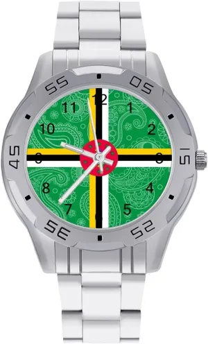 Flag Stainless Steel Metal Strap Simple Business Watches for Men Easy Reader Work Casual Watch Dominica paradoxically confuse retrieval Paisley 