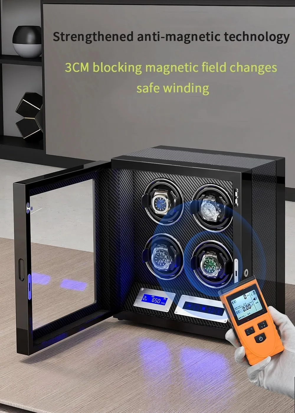 for 3 Automatic Watches with Lock Security Quiet Motor Watch Winding Display Box ectothermic material expand antiquity vivid Built-in LED Illuminated Safe Watch Winder Box 