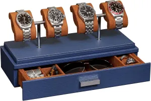 for 4 Watches �C Leather Watch Box with Acrylic Cover surplus and Removable Slide in Cushions �C Accessory Drawer with Multiple Configurations (Blue/Tan) ROTHWELL Luxury Watch Display Case 