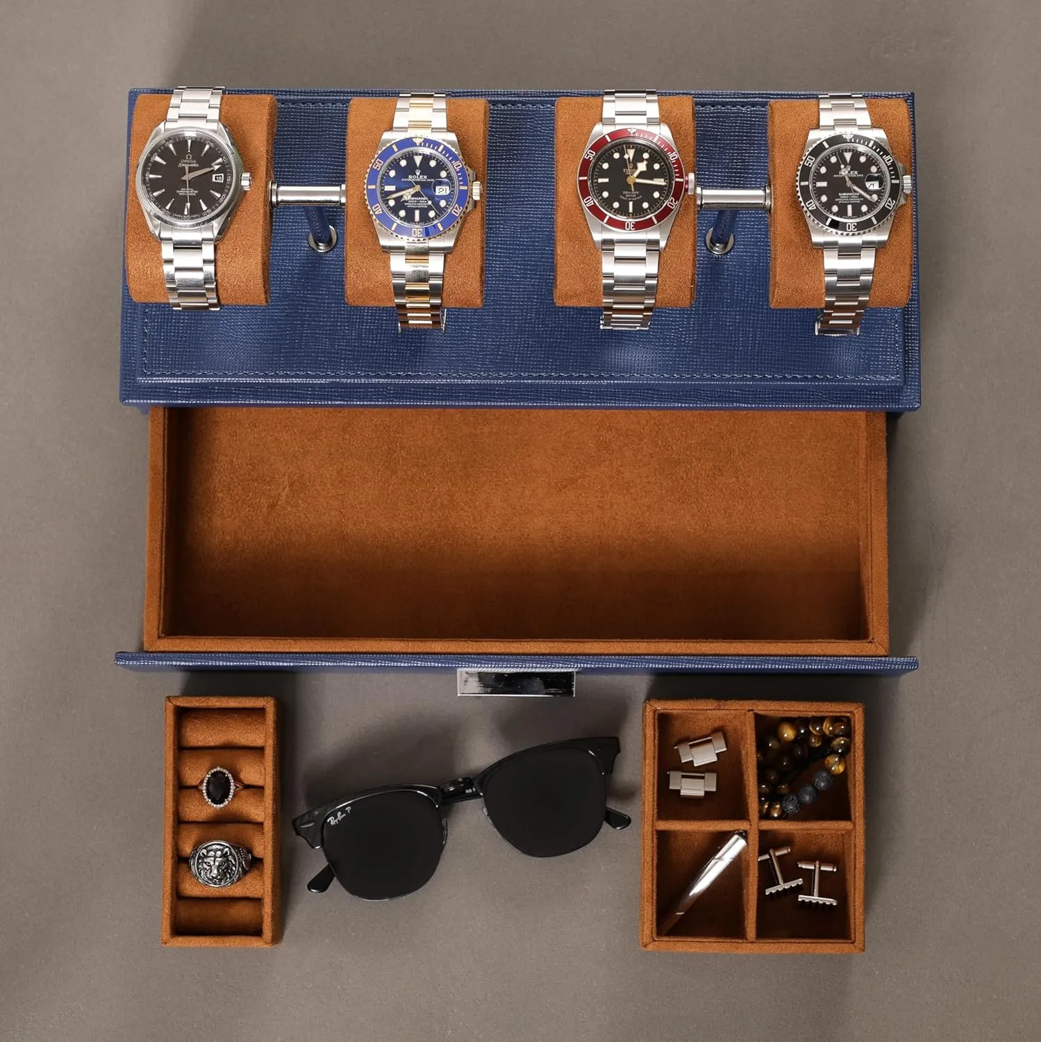 for 4 Watches �C Leather Watch Box with Acrylic Cover surplus and Removable Slide in Cushions �C Accessory Drawer with Multiple Configurations (Blue/Tan) ROTHWELL Luxury Watch Display Case 