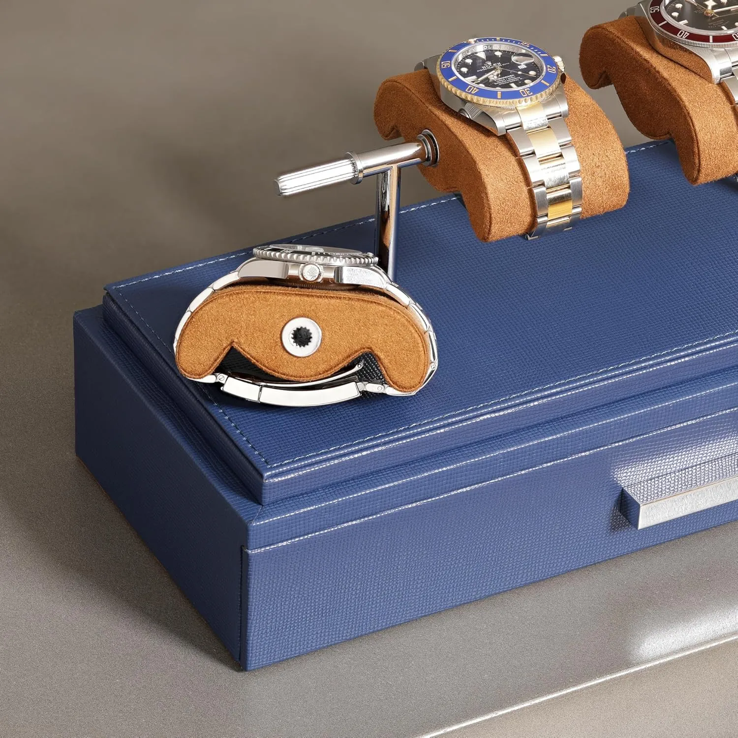 for 4 Watches �C Leather Watch Box with Acrylic Cover surplus and Removable Slide in Cushions �C Accessory Drawer with Multiple Configurations (Blue/Tan) ROTHWELL Luxury Watch Display Case 