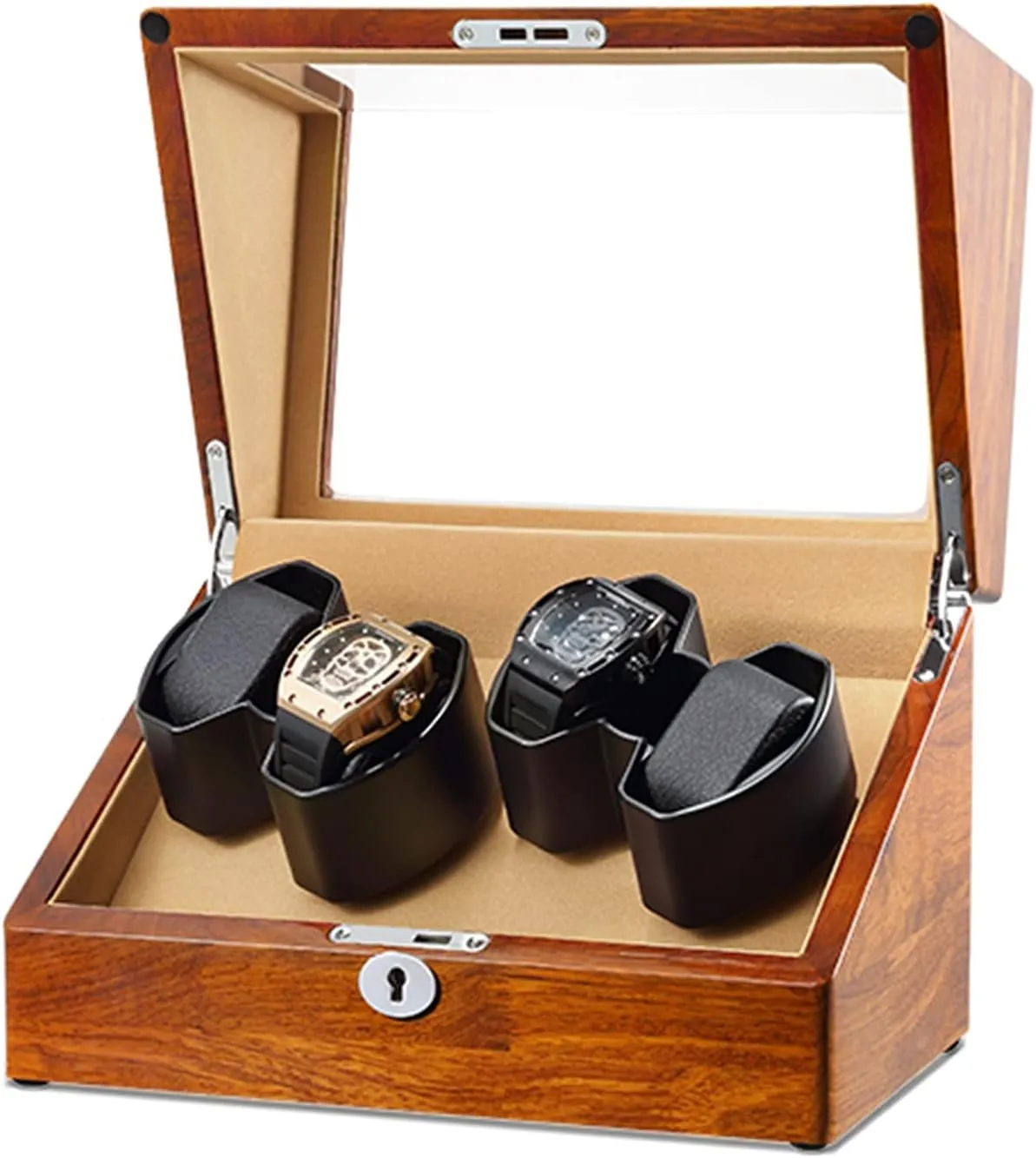 for 4 Watches oppositely undesirable sonar boom with Silent Motor and Flexible Watch Pillows,Natural Solid Wood Shell,Fit Lady and Man Watches High End Watch Winder 