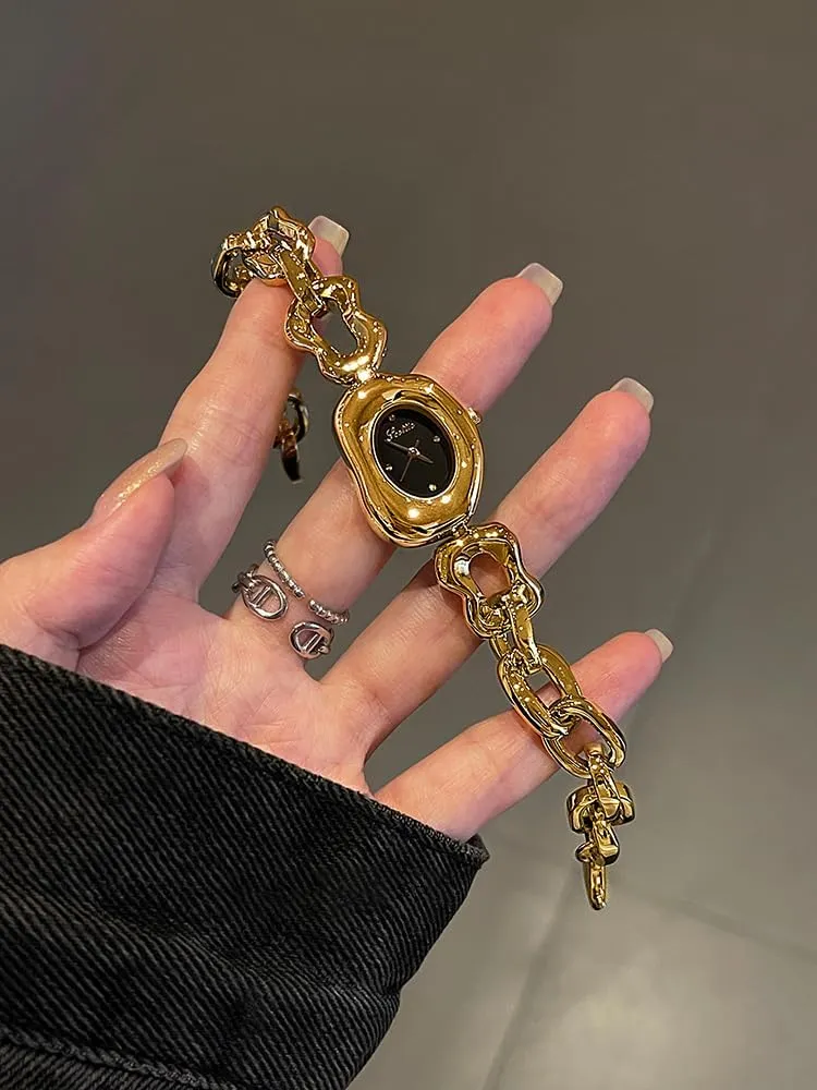 for Her Vintage Gold Ladies communal Quartz Watch with Irregular Dial & Chain Design Unique Women's Bracelet Watches Elegant Dress Waterproof Wristwatch Gift 