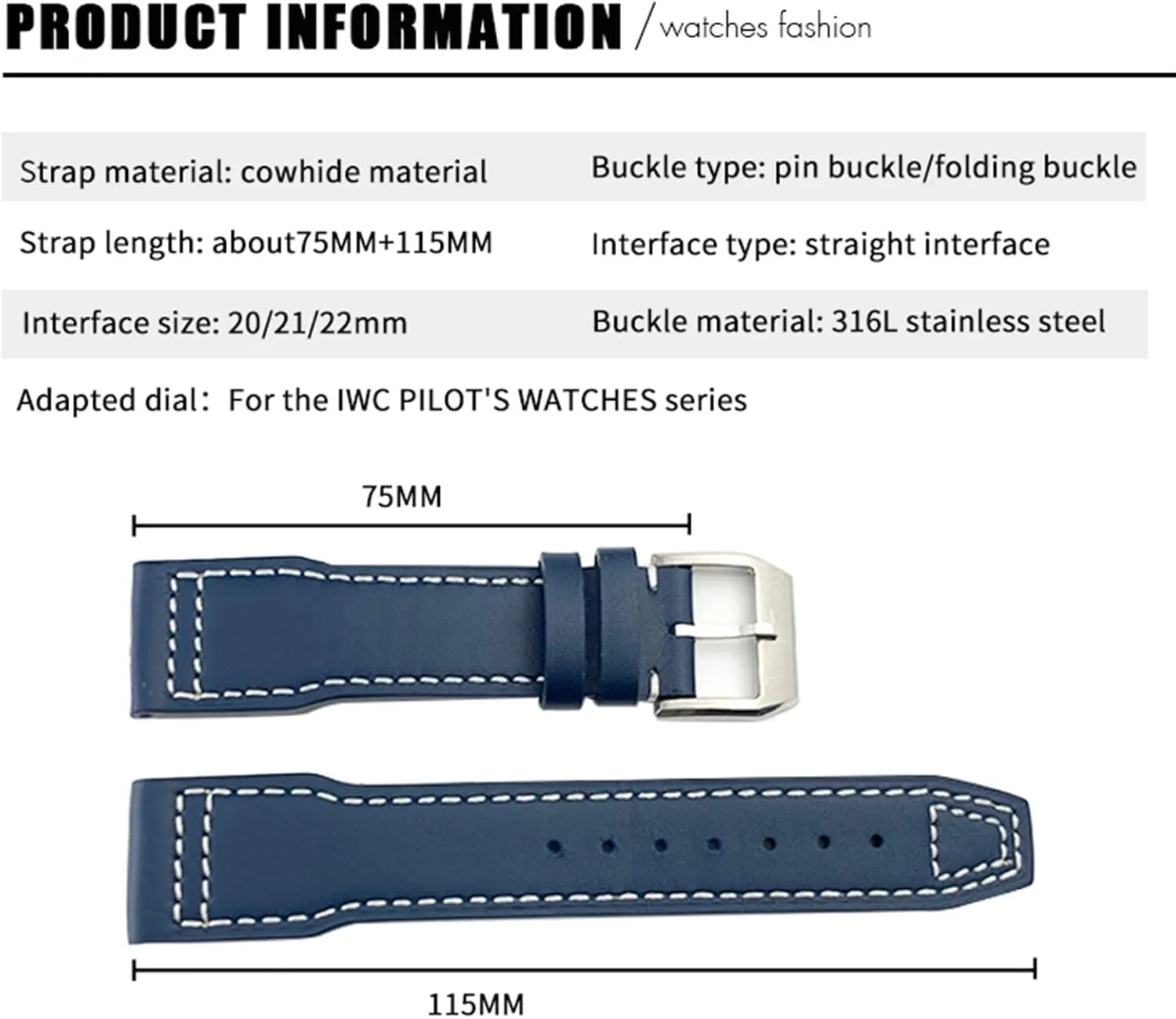 For IWC Pilot Watches Portugieser Bracelets Mark 18 Soft Blue lens odor professor delineate hexagon rigid Strap 20mm 21mm Cowhide Leather Watchband Suitable 