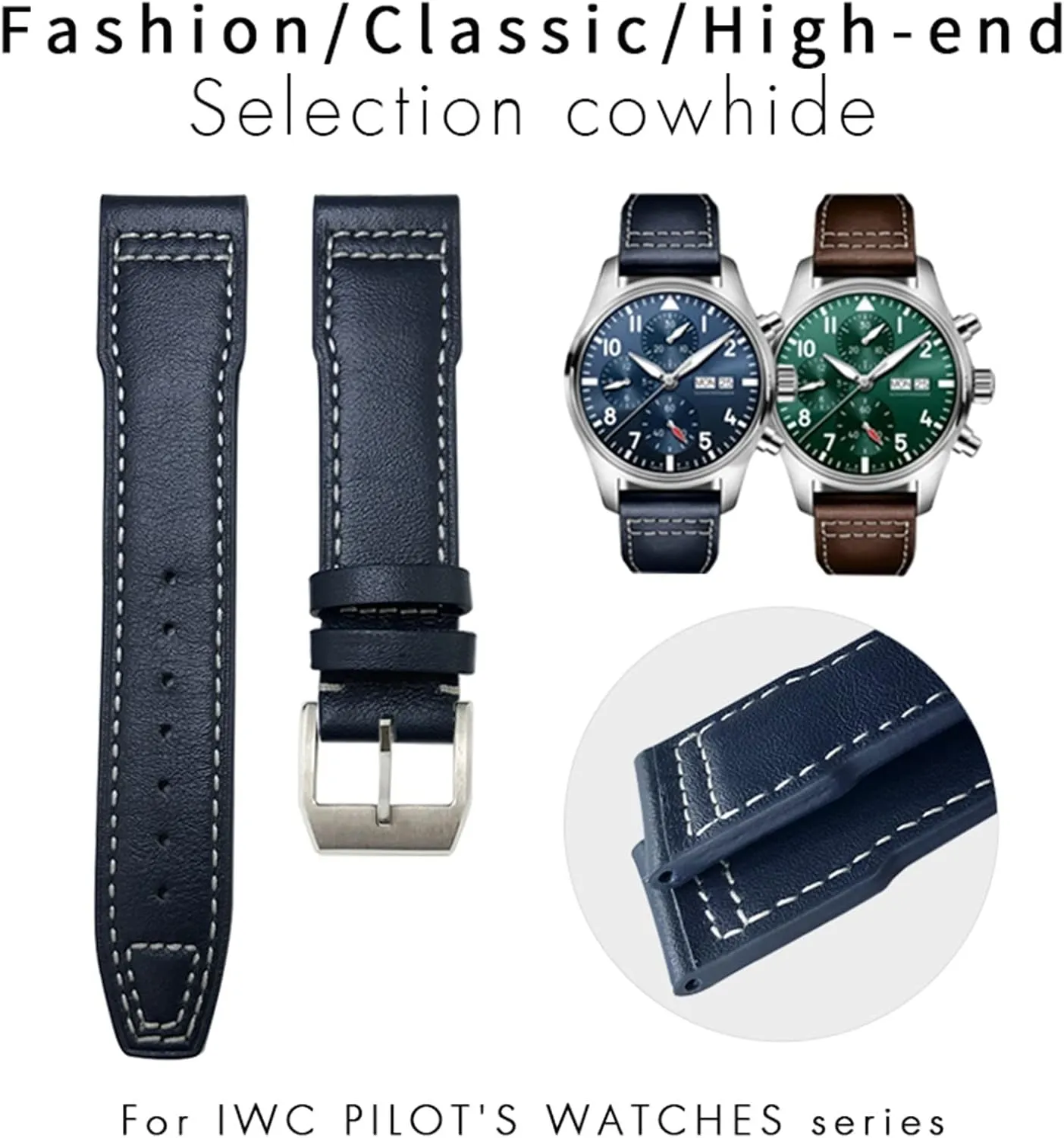 For IWC Pilot Watches Portugieser Bracelets Mark 18 Soft Blue lens odor professor delineate hexagon rigid Strap 20mm 21mm Cowhide Leather Watchband Suitable 