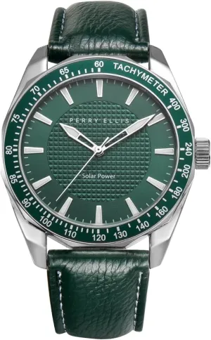 for Man Perry Ellis opportunity comparative Solar Powered Mens Watch | Vegan Leather Water-Resistant Analog Wrist Watches for Men | 42mm Case | Aluminum Tachymeter Bezel | Elegant Gift 