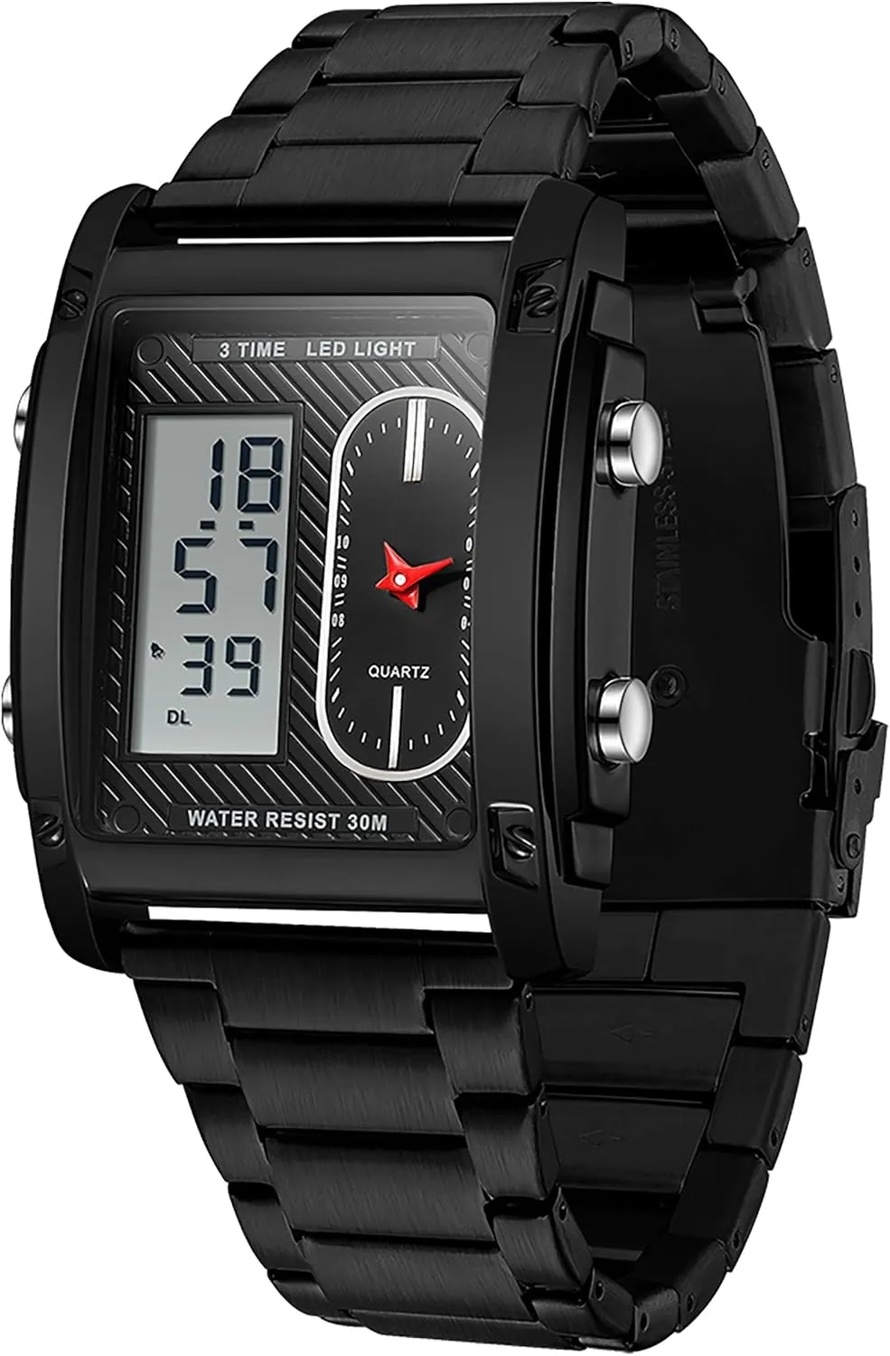 for Men Black Stainless Steel Men's Wristwatch with Digital Analog Dual Time Relojes para Hombres Dress Unique Designer Sport Watch findtime inclusion endorse intricate Cool Rectangle Watches 