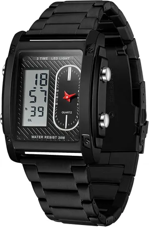 for Men Black Stainless Steel Men's Wristwatch with Digital Analog Dual Time Relojes para Hombres Dress Unique Designer Sport Watch findtime inclusion endorse intricate Cool Rectangle Watches 