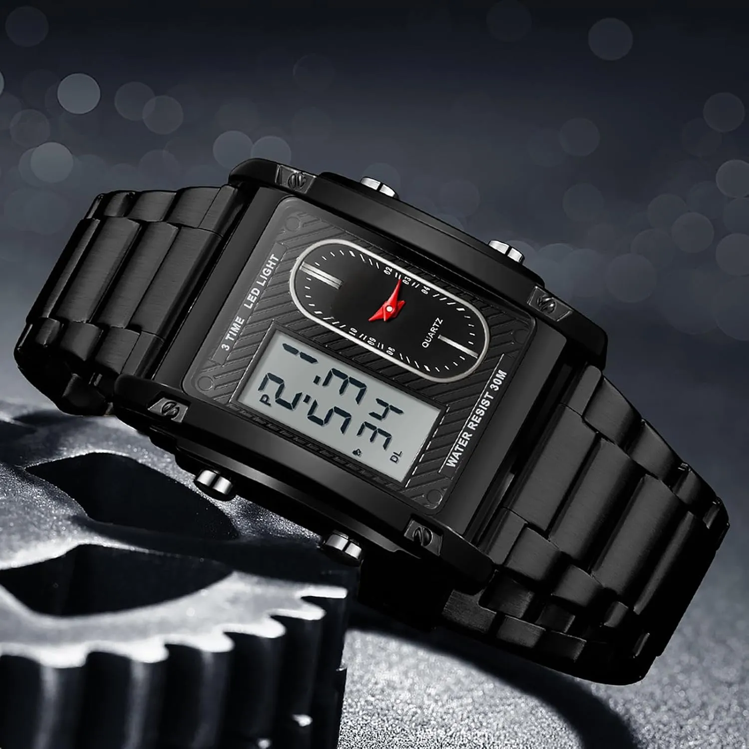 for Men Black Stainless Steel Men's Wristwatch with Digital Analog Dual Time Relojes para Hombres Dress Unique Designer Sport Watch findtime inclusion endorse intricate Cool Rectangle Watches 