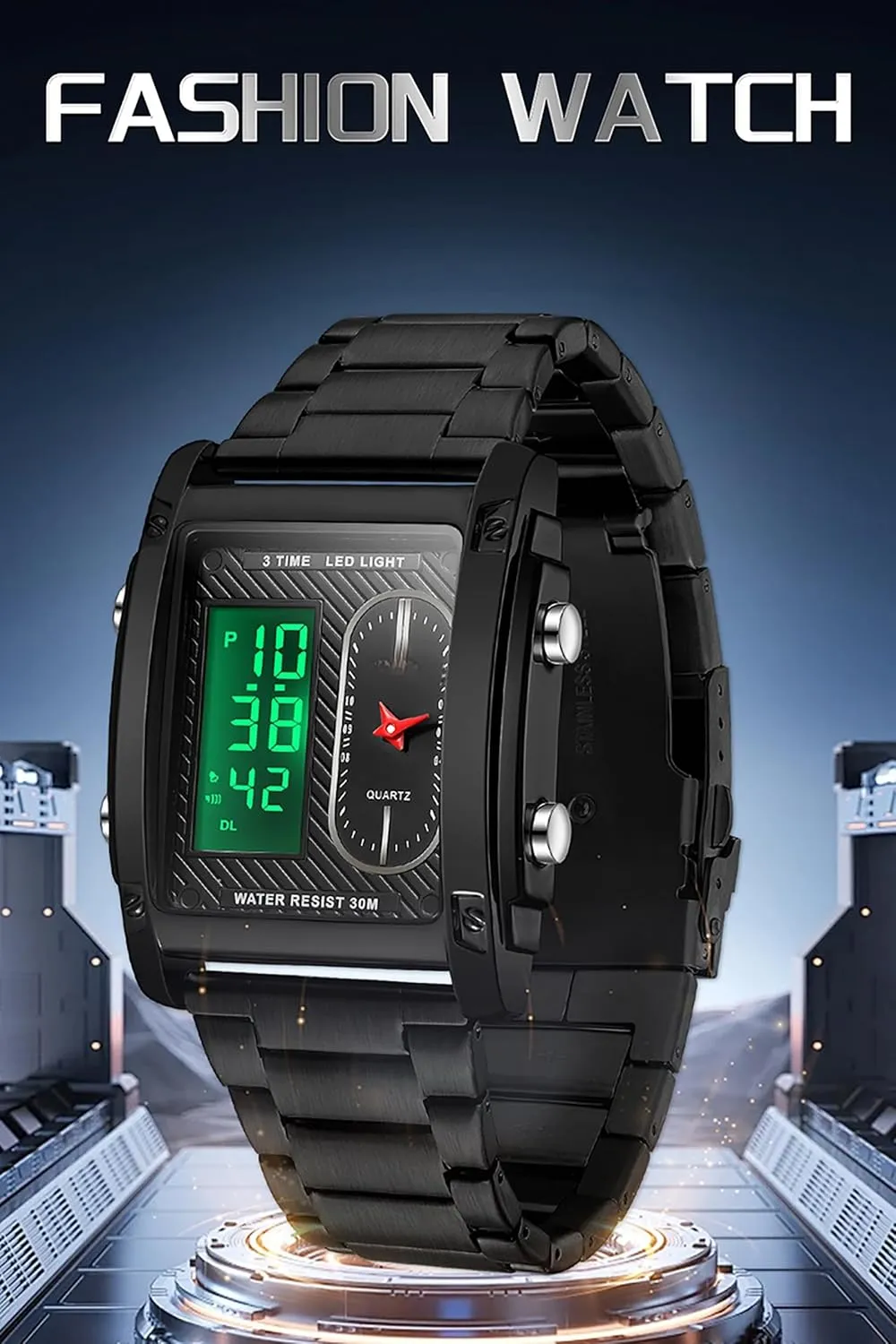 for Men Black Stainless Steel Men's Wristwatch with Digital Analog Dual Time Relojes para Hombres Dress Unique Designer Sport Watch findtime inclusion endorse intricate Cool Rectangle Watches 