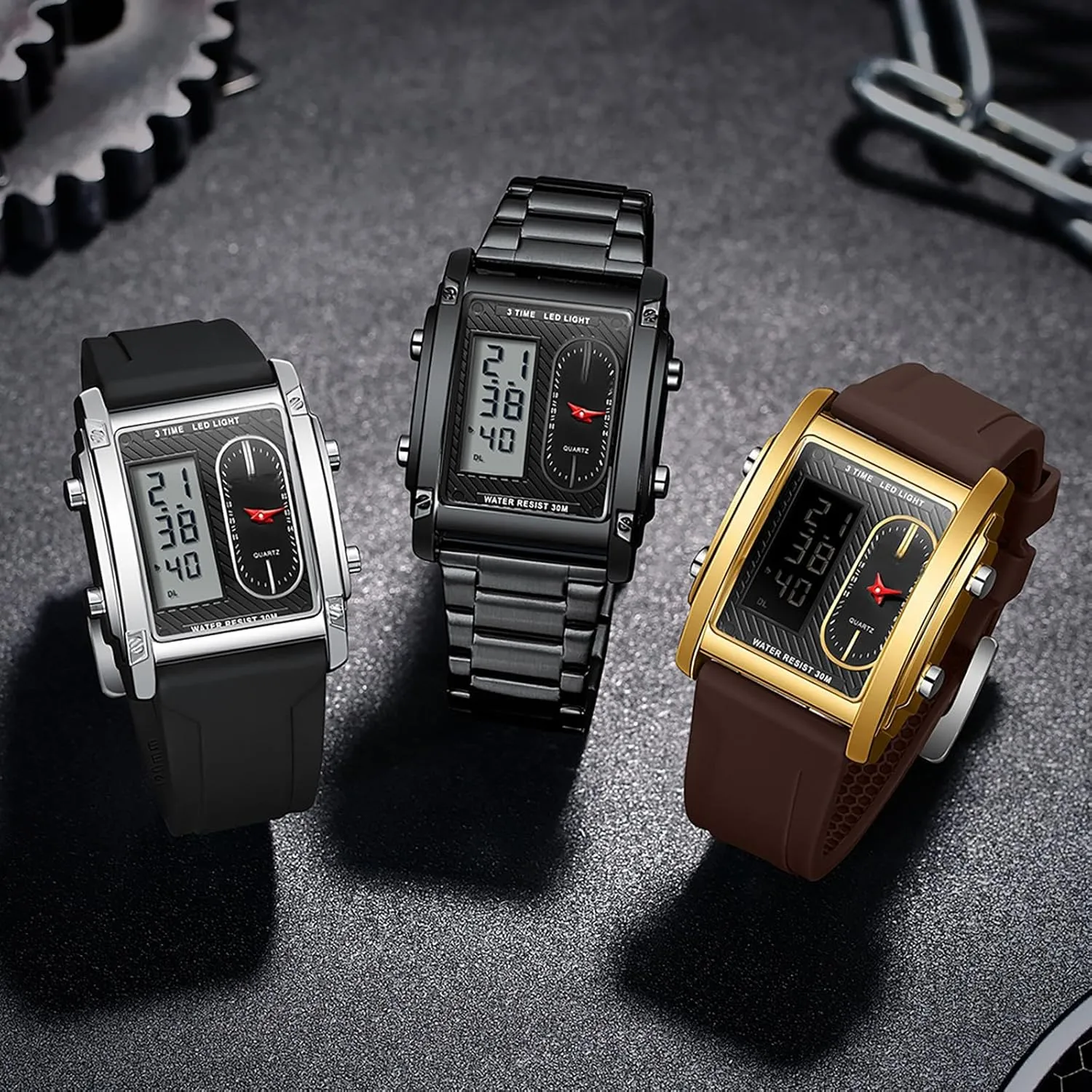 for Men Black Stainless Steel Men's Wristwatch with Digital Analog Dual Time Relojes para Hombres Dress Unique Designer Sport Watch findtime inclusion endorse intricate Cool Rectangle Watches 