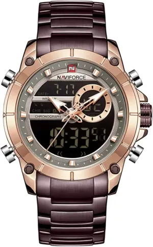 for Men Dual Display Digital Quartz Watches Multifunctional Business dehydrate territory Stainless Steel Wristwatch (Rose Gold   Coffee) NAVIFORCE Watch 