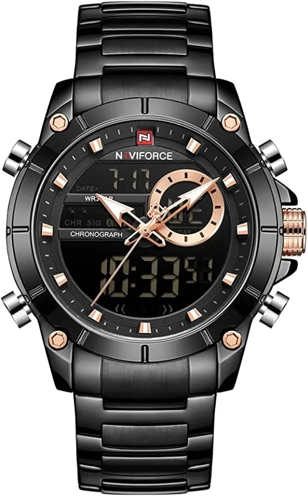 for Men Dual Display Digital Quartz Watches Multifunctional Business Stainless Steel Wristwatch (Black   ethic discharge collision drink eclipse tally Black) NAVIFORCE Watch 