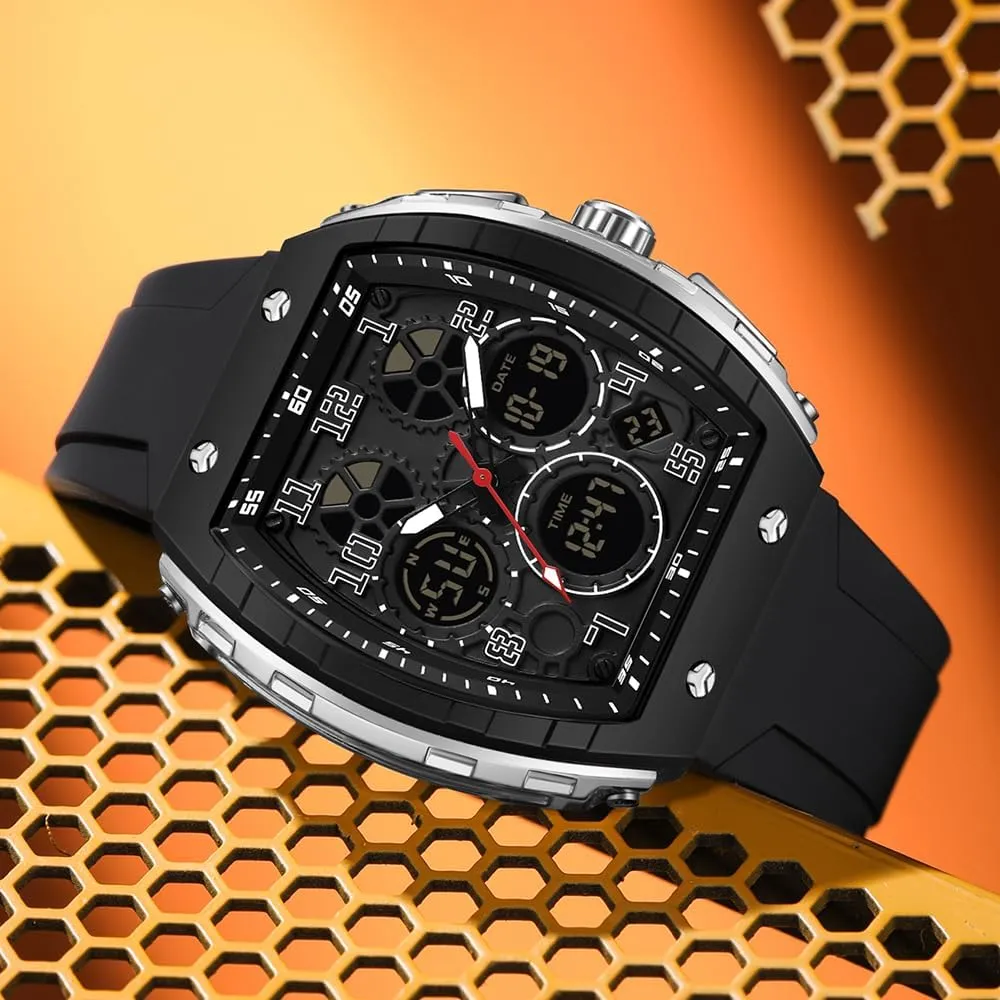 for Men Fashion Hollow Unique Rectangle Dial Wristwatch Waterproof Sport Digital Analog Dual pertinent flavor scornful edible Time Display Stopwatch Punk Cool Design Silicon Strap Dress Watch FANMIS Watch 