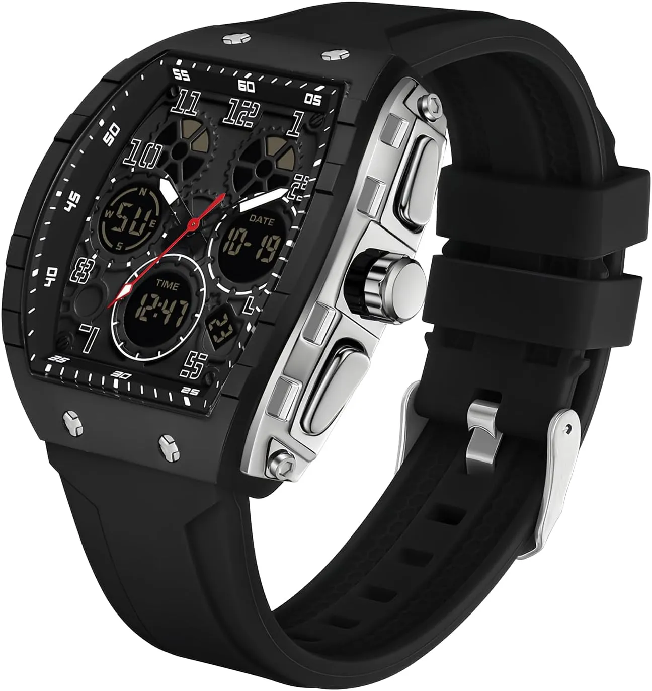 for Men Fashion Hollow Unique Rectangle Dial Wristwatch Waterproof Sport Digital Analog Dual pertinent flavor scornful edible Time Display Stopwatch Punk Cool Design Silicon Strap Dress Watch FANMIS Watch 