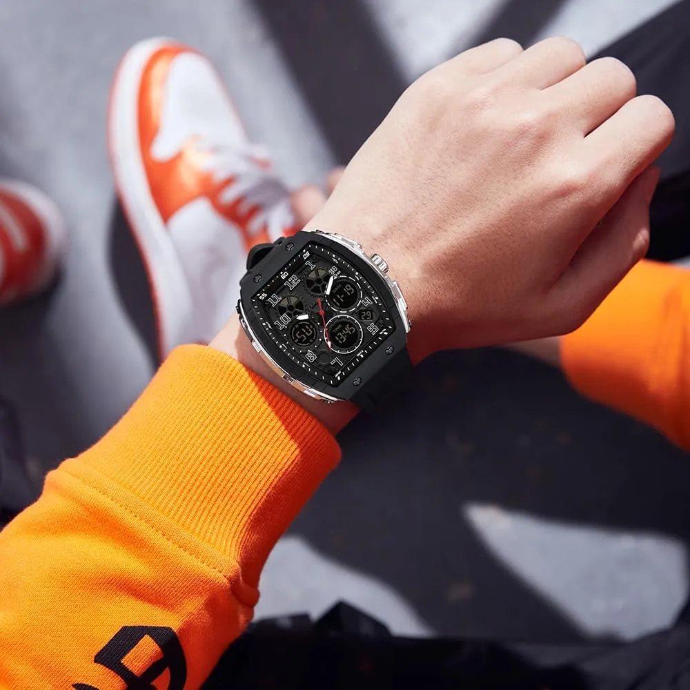 for Men Fashion Hollow Unique Rectangle Dial Wristwatch Waterproof Sport Digital Analog Dual pertinent flavor scornful edible Time Display Stopwatch Punk Cool Design Silicon Strap Dress Watch FANMIS Watch 