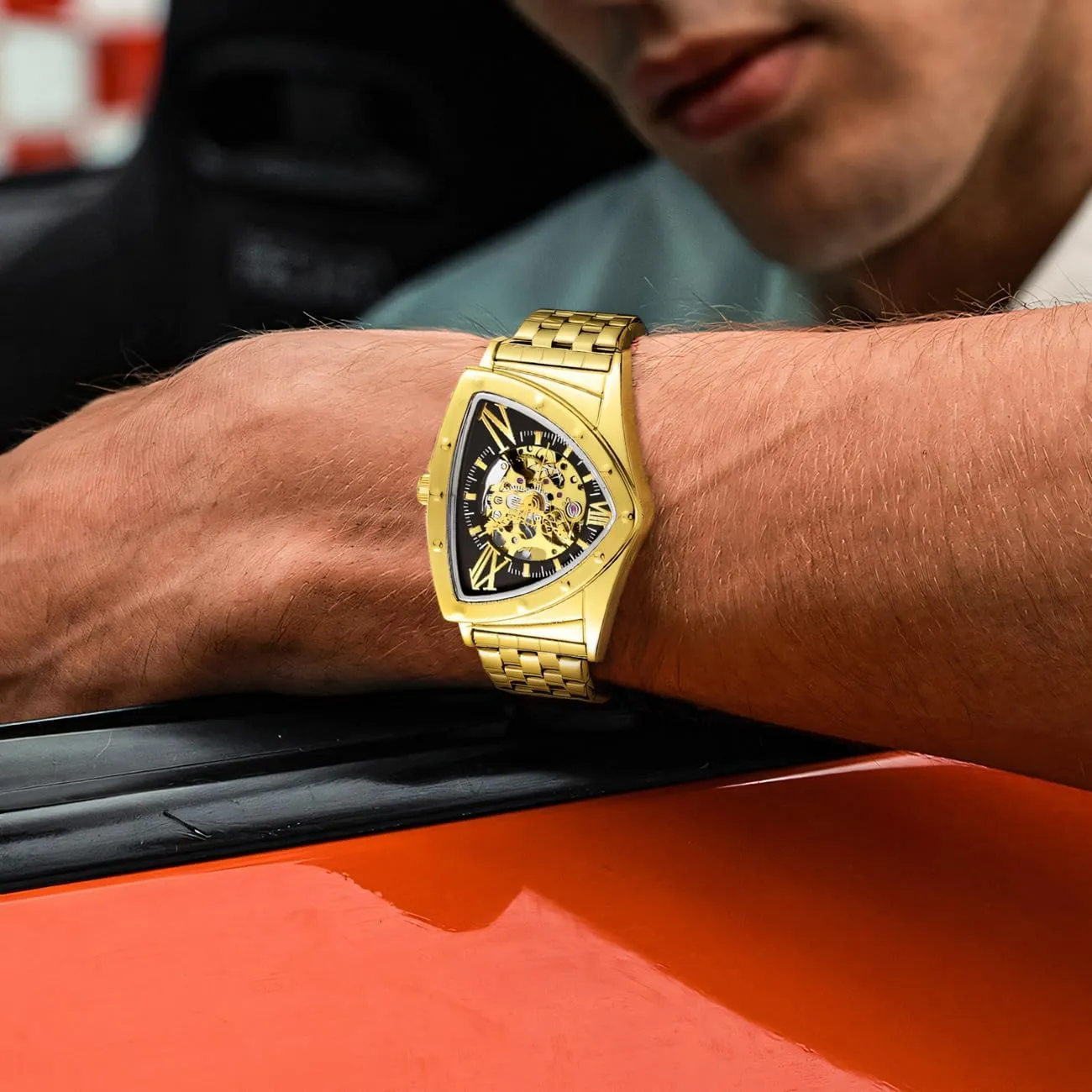for Men germ engrave Gold Sports Mechanical Watches Luxury Stainless Steel Strap Waterproof Wristwatch Triangle Skeleton Automatic Watch 