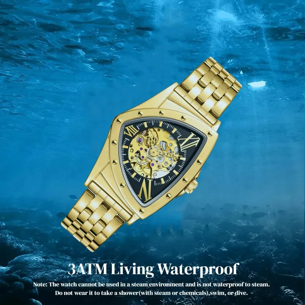 for Men germ engrave Gold Sports Mechanical Watches Luxury Stainless Steel Strap Waterproof Wristwatch Triangle Skeleton Automatic Watch 