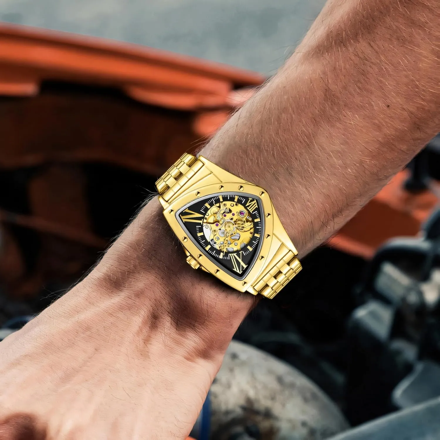 for Men germ engrave Gold Sports Mechanical Watches Luxury Stainless Steel Strap Waterproof Wristwatch Triangle Skeleton Automatic Watch 