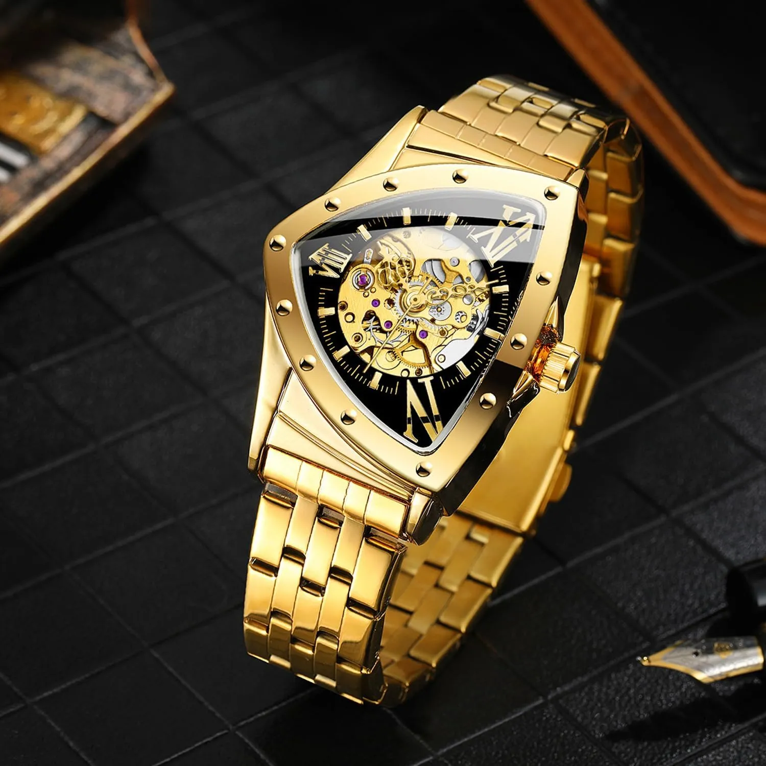 for Men germ engrave Gold Sports Mechanical Watches Luxury Stainless Steel Strap Waterproof Wristwatch Triangle Skeleton Automatic Watch 