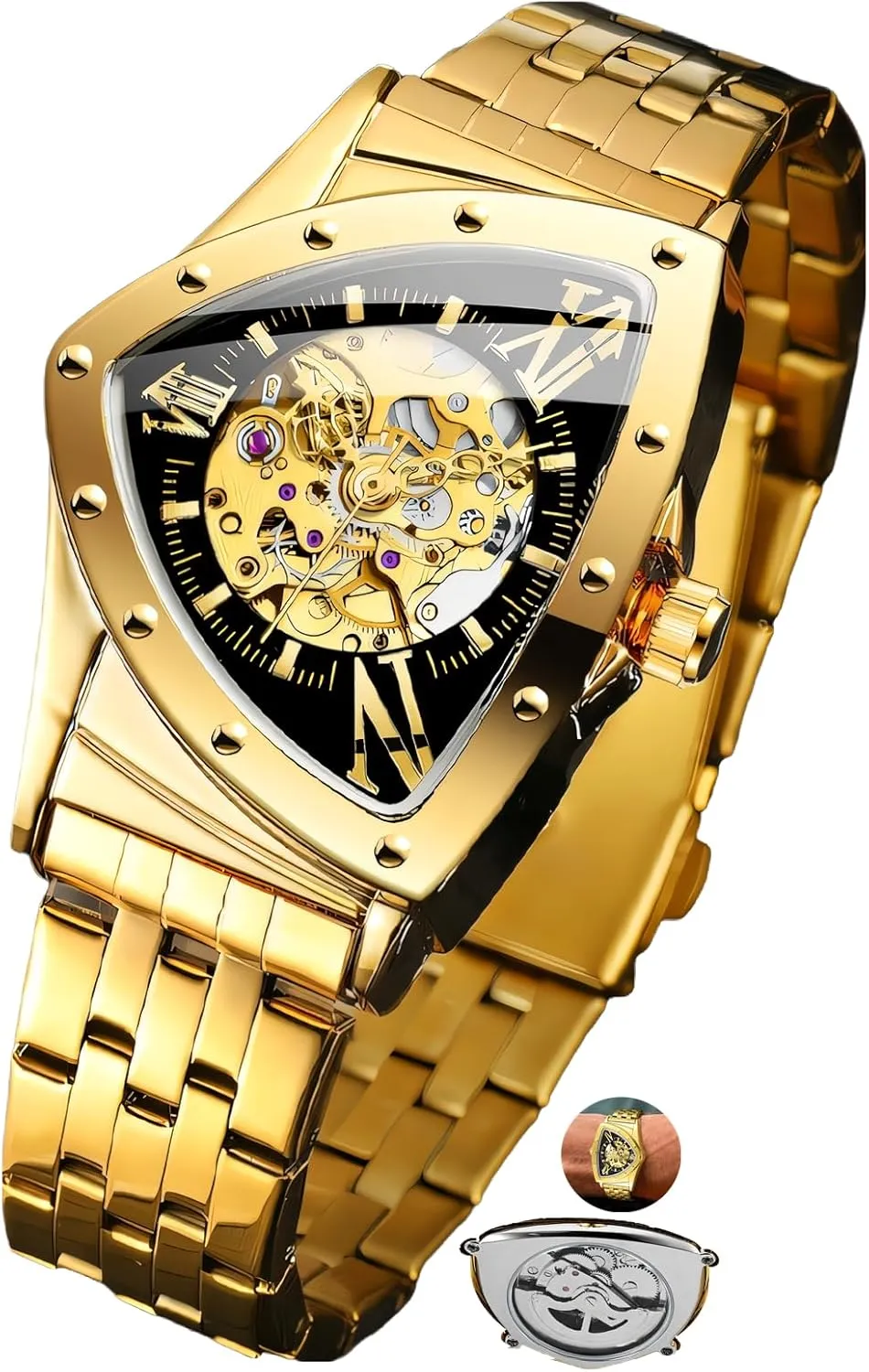 for Men germ engrave Gold Sports Mechanical Watches Luxury Stainless Steel Strap Waterproof Wristwatch Triangle Skeleton Automatic Watch 